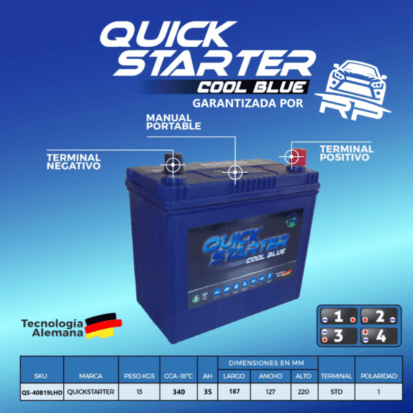 Especificaciones de Batería Quick Starter 35 Ah 340cca 40B19LHD para Kia Morning - Suzuki Alto - Chevrolet Spark - Hyundai i10 - Hyundai Grand i10 