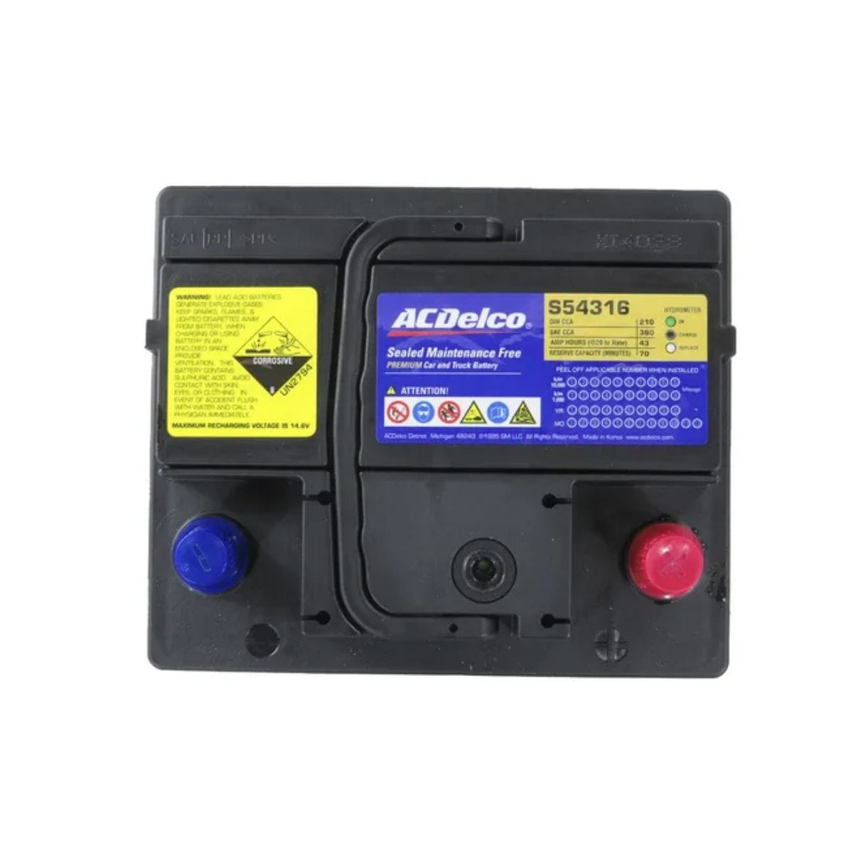 Batería Ac Delco43 Ah 380CCA s54316 original para Chevrolet Spark GT - Sonic - Groove - Ford Ecosport 1.6 - Fiesta - Focus - Ka - Hyundai Getz - Nissan March - Note - Kia Rio 4 entre otros Chile 2025