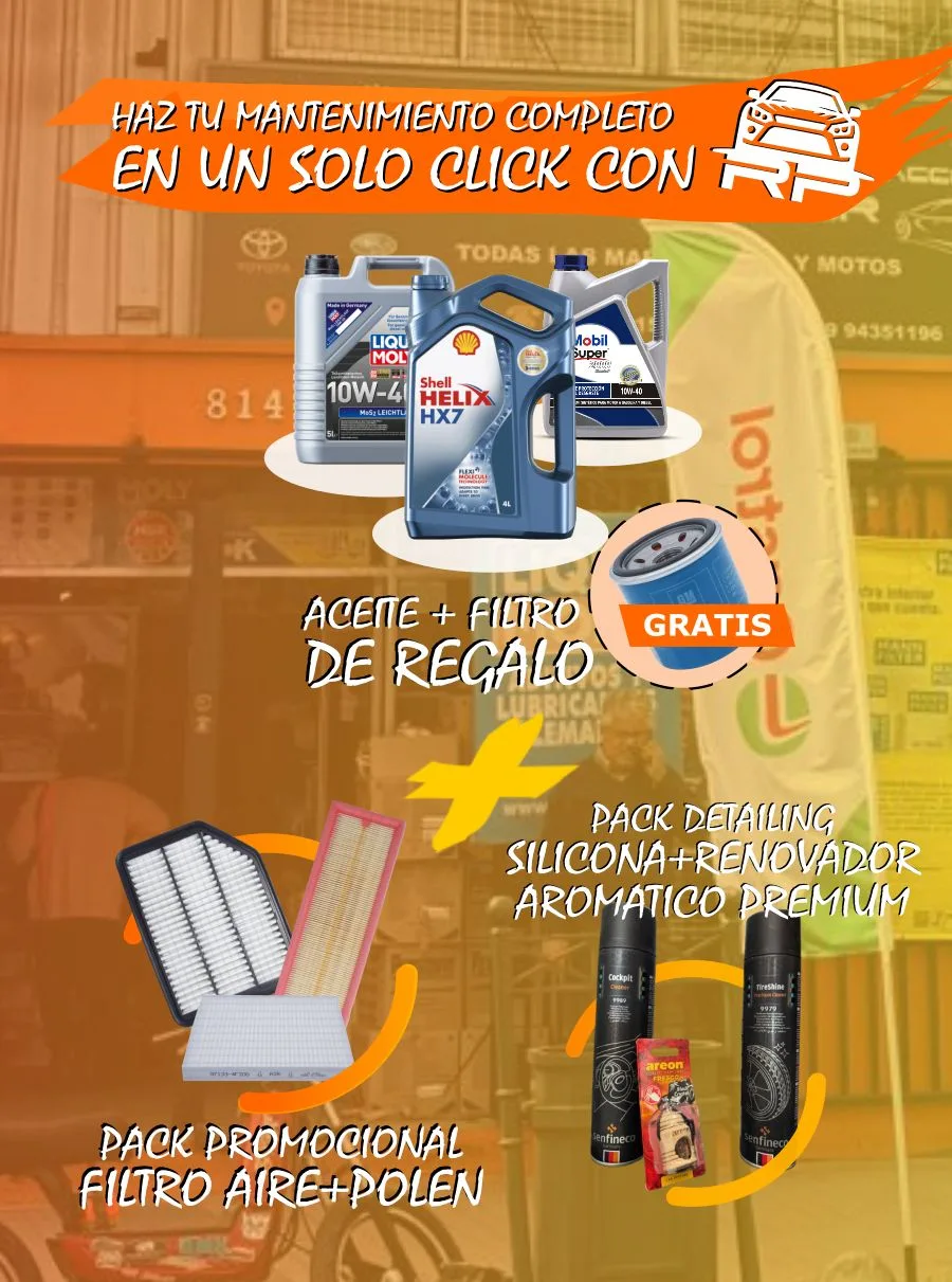 Tu aceite mas el filtro de aceite GRATIS. Añade en el carrito los packs promocionales de filtro de aire y polen o Silicona, renovador de neumaticos y un aromatico