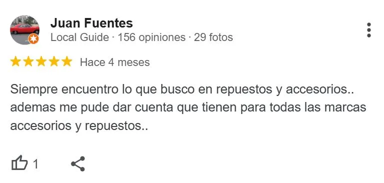 Reseña de cliente de Repuestos Peter