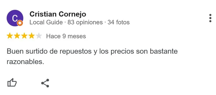 Reseña 2 de cliente de Repuestos Peter