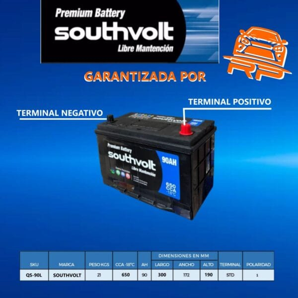 Batería SouthVolt 90 Ah 650CCA QS-90L (Derecho) ESPECIFICACIONES